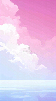 粉蓝渐变天空白云简约温馨，阳光海面海洋扁平插画