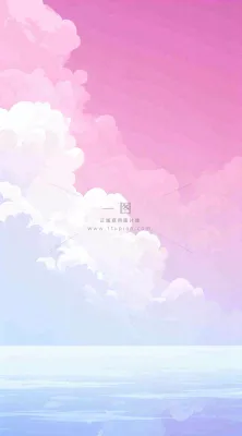 粉蓝渐变天空白云简约温馨，阳光海面海洋扁平插画