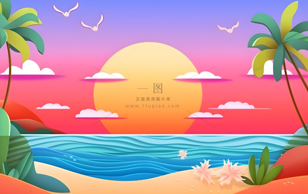 夏日海滩椰子树沙滩椅晚霞背景