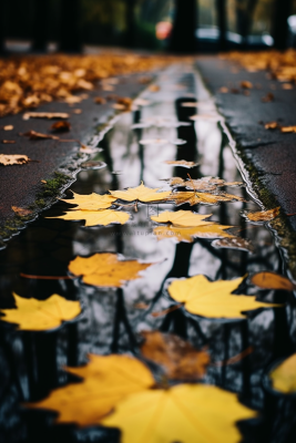 秋季雨天落叶在水坑道路摄影图