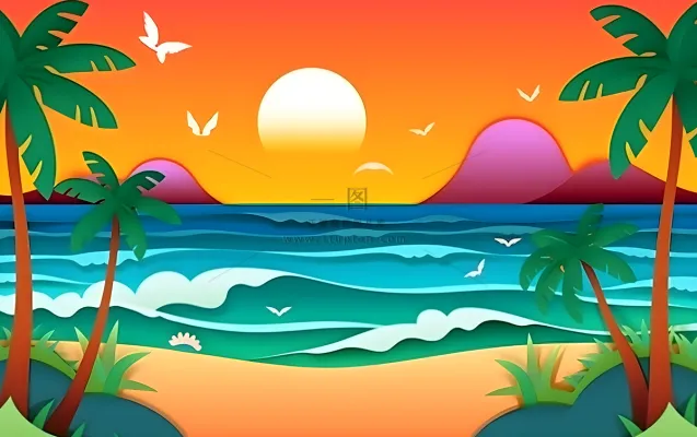 夏日海滩椰子树沙滩椅晚霞背景