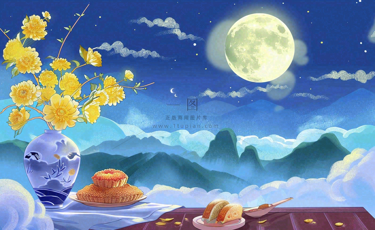 中秋夜晚赏月月饼饮茶黄花菊花桂花国风插画背景