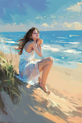 夏日海边沙滩美女海鸥清凉插画背景