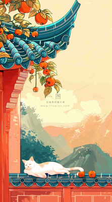 秋天红色宫墙上的白猫柿子树国风插画立秋秋分背景