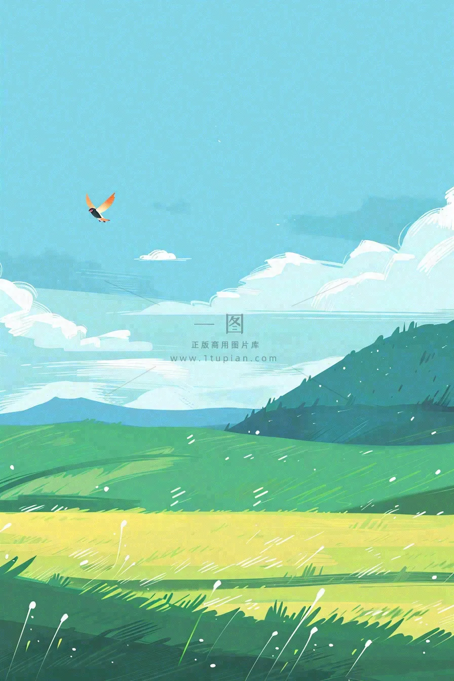 春天春暖花开草原蓝天白云燕子惊蛰春分卡通插画背景