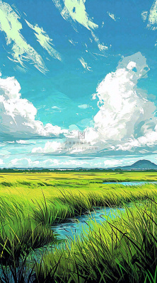 春天阳光灿烂远处的高山和田野春意盎然手绘卡通画