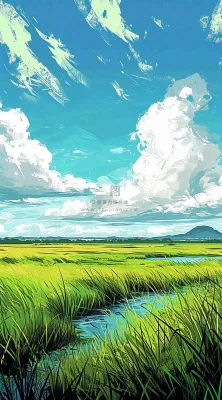 春天阳光灿烂远处的高山和田野春意盎然手绘卡通画