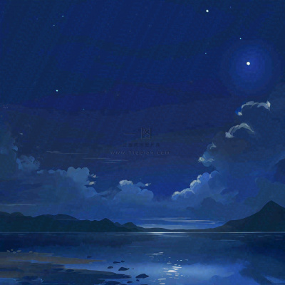 夜晚河面星空月亮唯美夜景扁平插画手绘