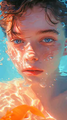 阳光泳池游泳人物男女，金鱼水面海上，反光色彩摄影图