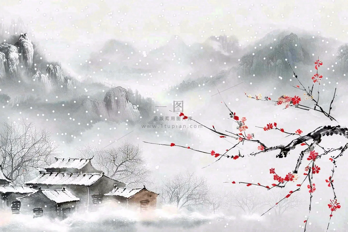 冬天山林里的小村庄红梅花白雪覆盖国风水墨画立冬冬至小雪大雪插画