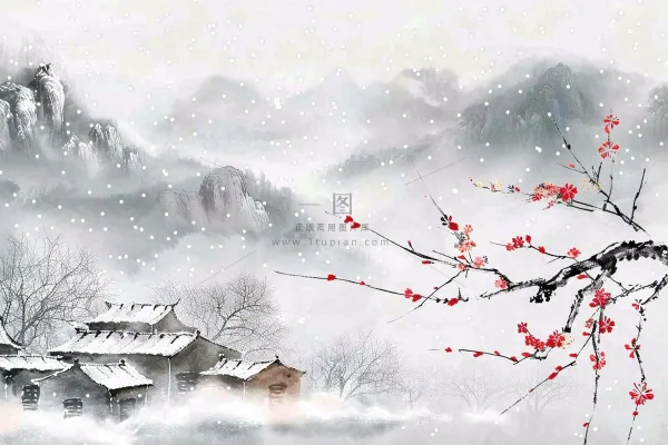 冬天山林里的小村庄红梅花白雪覆盖国风水墨画立冬冬至小雪大雪插画 冬天山林里的小村庄红梅花白雪覆盖国风水墨画立冬冬至小雪大雪插画