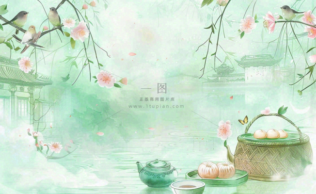 春天桃花春茶茶壶燕子清明山水国画中国风水墨插画背景茶文化采茶