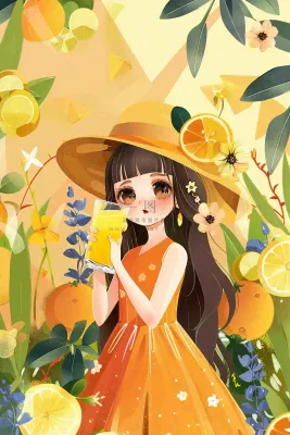 夏天喝橙汁的女孩橘黄色度假风鲜花花丛清凉解暑立夏大暑小暑夏至卡通插画背景 夏天喝橙汁的女孩橘黄色度假风鲜花花丛清凉解暑立夏大暑小暑夏至卡通插画背景