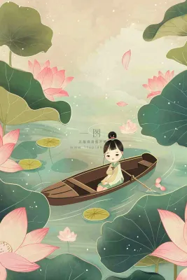 夏日荷花荷叶划船女孩古风国风插画立夏小暑大暑处暑插画背景