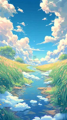 蓝天白云草地溪流春天阳光灿烂的日子春分春风，插画手绘