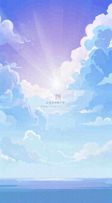 粉蓝渐变天空白云简约温馨,阳光海面海洋扁平插画 粉蓝渐变天空白云简约温馨,阳光海面海洋扁平插画