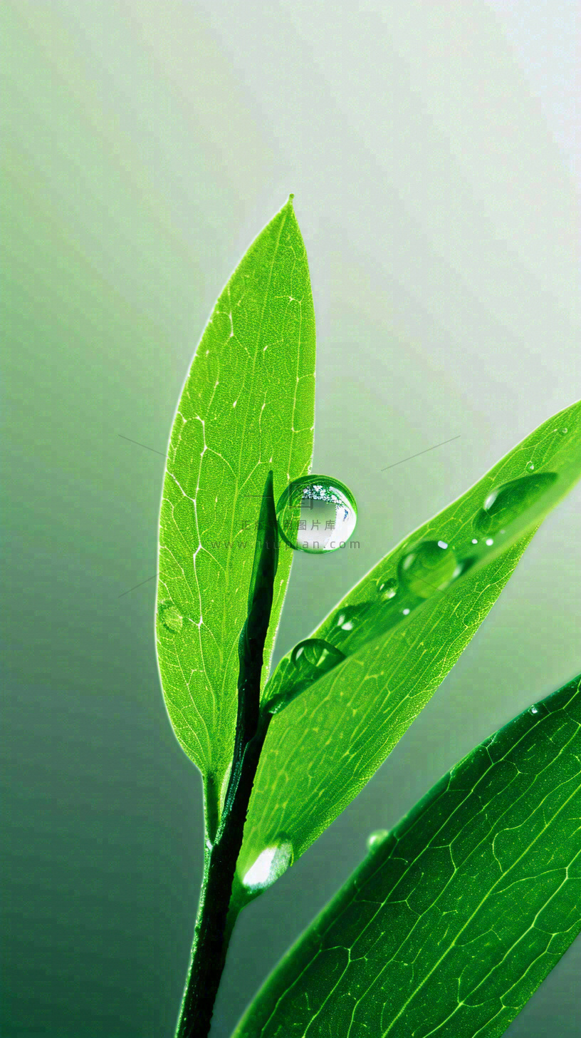 春天树叶草叶上晶莹剔透的水珠,雨水摄影图