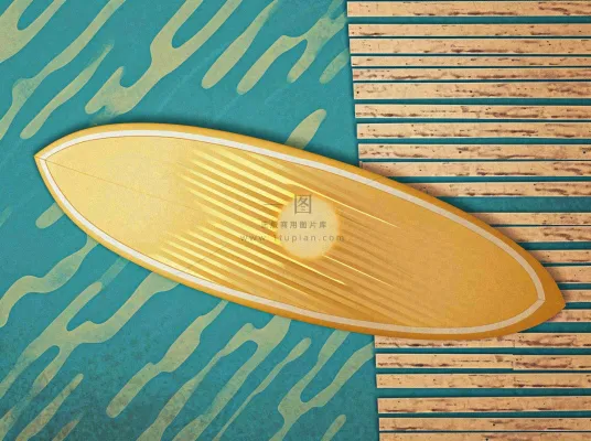 海边清爽扁平条纹插画手绘，海浪夏日