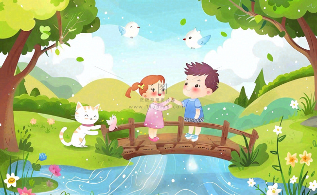 春天出游踏青森林公园小溪小桥樱花小孩宠物立春春分惊蛰绿色卡通插画背景