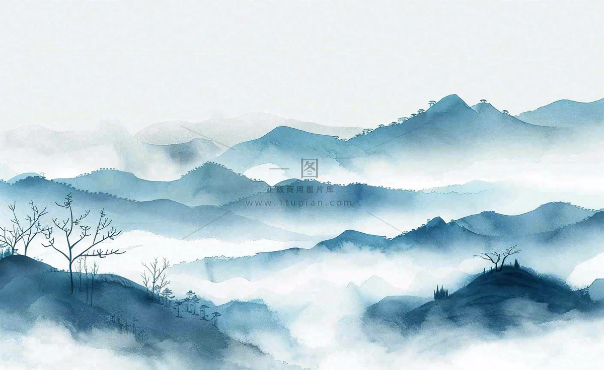 中国风水墨山水画青山山峦叠嶂云雾清明端午寒露古风插画背景