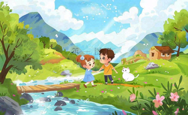 春天出游踏青森林公园小溪小桥樱花小孩宠物立春春分惊蛰绿色卡通插画背景