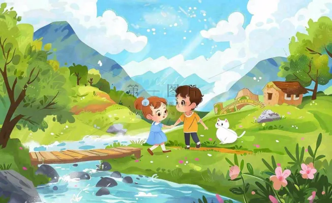 春天出游踏青森林公园小溪小桥樱花小孩宠物立春春分惊蛰绿色卡通插画背景