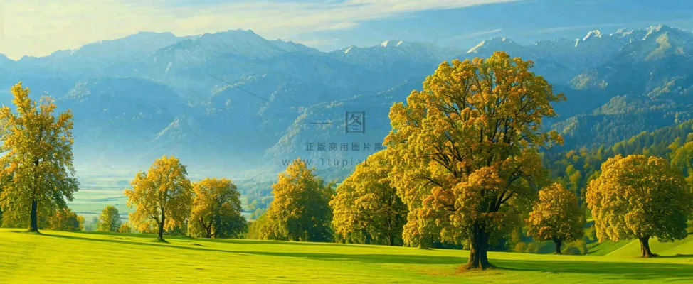 秋天山脉秋叶树木，秋分摄影图