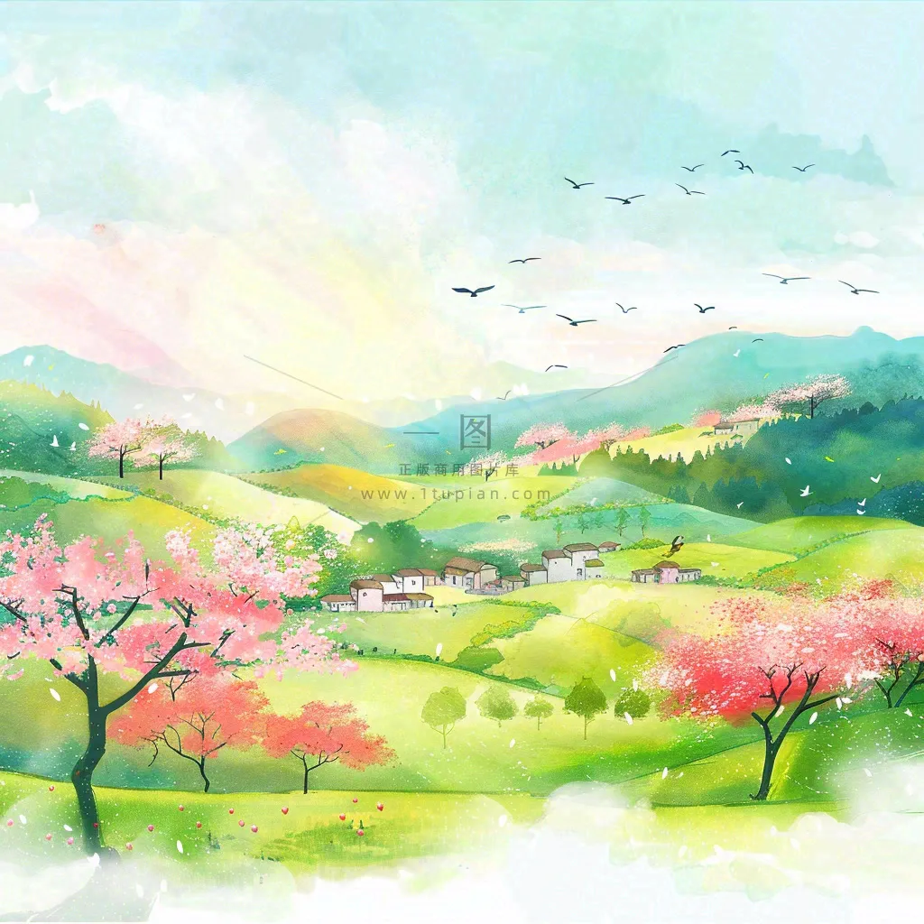 春天春分春暖花开江南山林桃花国画徽式建筑古风水墨插画背景