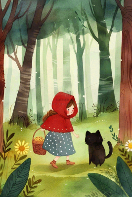 小红帽森林采蘑菇猫咪可爱童话儿童节卡通插画背景 小红帽森林采蘑菇猫咪可爱童话儿童节卡通插画背景