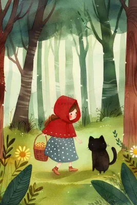 小红帽森林采蘑菇猫咪可爱童话儿童节卡通插画背景 小红帽森林采蘑菇猫咪可爱童话儿童节卡通插画背景