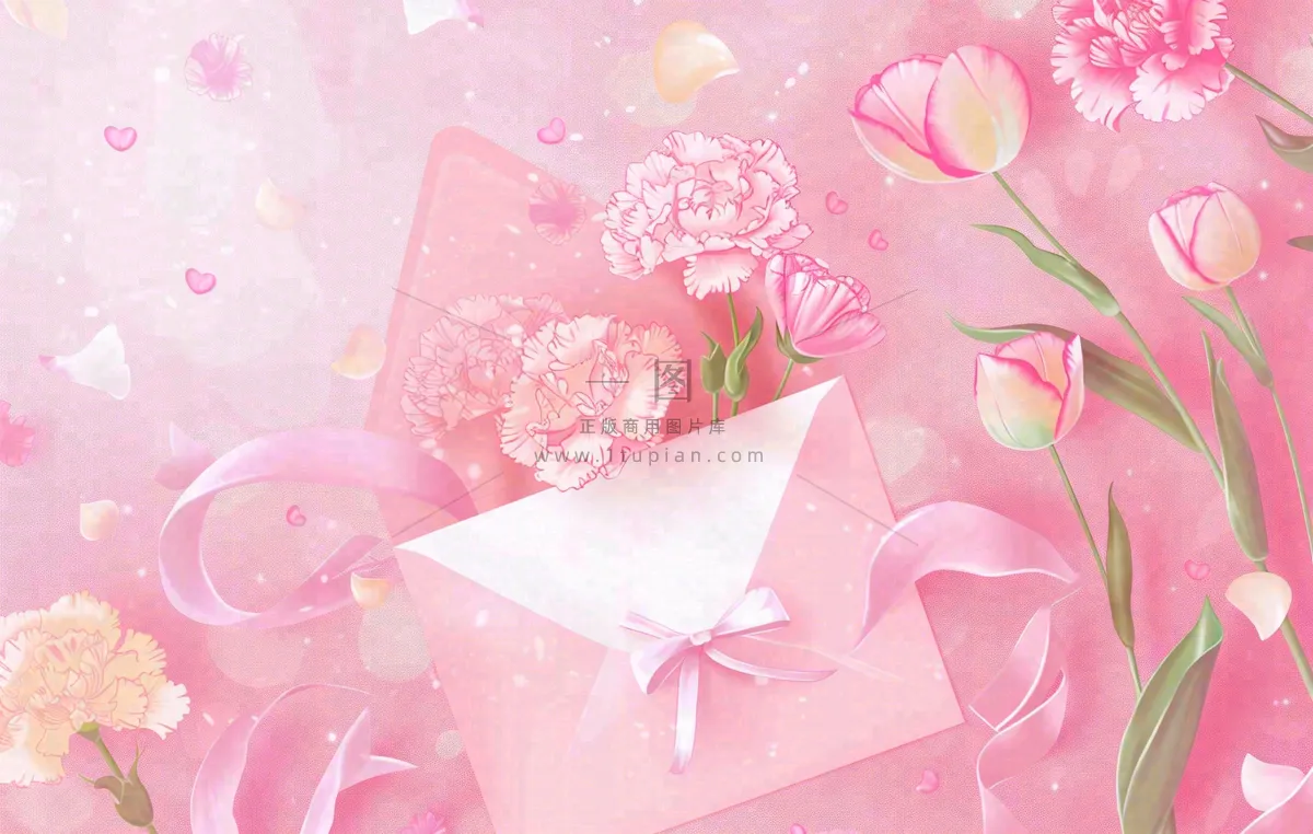 母亲节鲜花花束信封康乃馨粉色插画背景