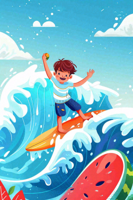 夏日炎热冲浪运动男孩西瓜清凉海鸥立夏夏至小暑大暑卡通插画背景