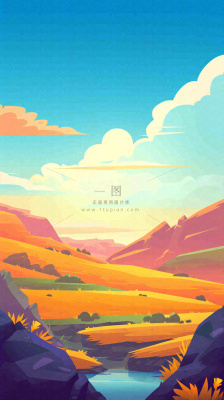 落日山脉河流小溪扁平手绘插画,旅行游玩登山郊游 落日山脉河流小溪扁平手绘插画,旅行游玩登山郊游