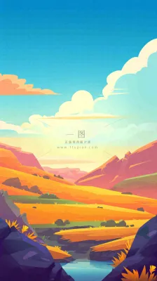 落日山脉河流小溪扁平手绘插画,旅行游玩登山郊游 落日山脉河流小溪扁平手绘插画,旅行游玩登山郊游