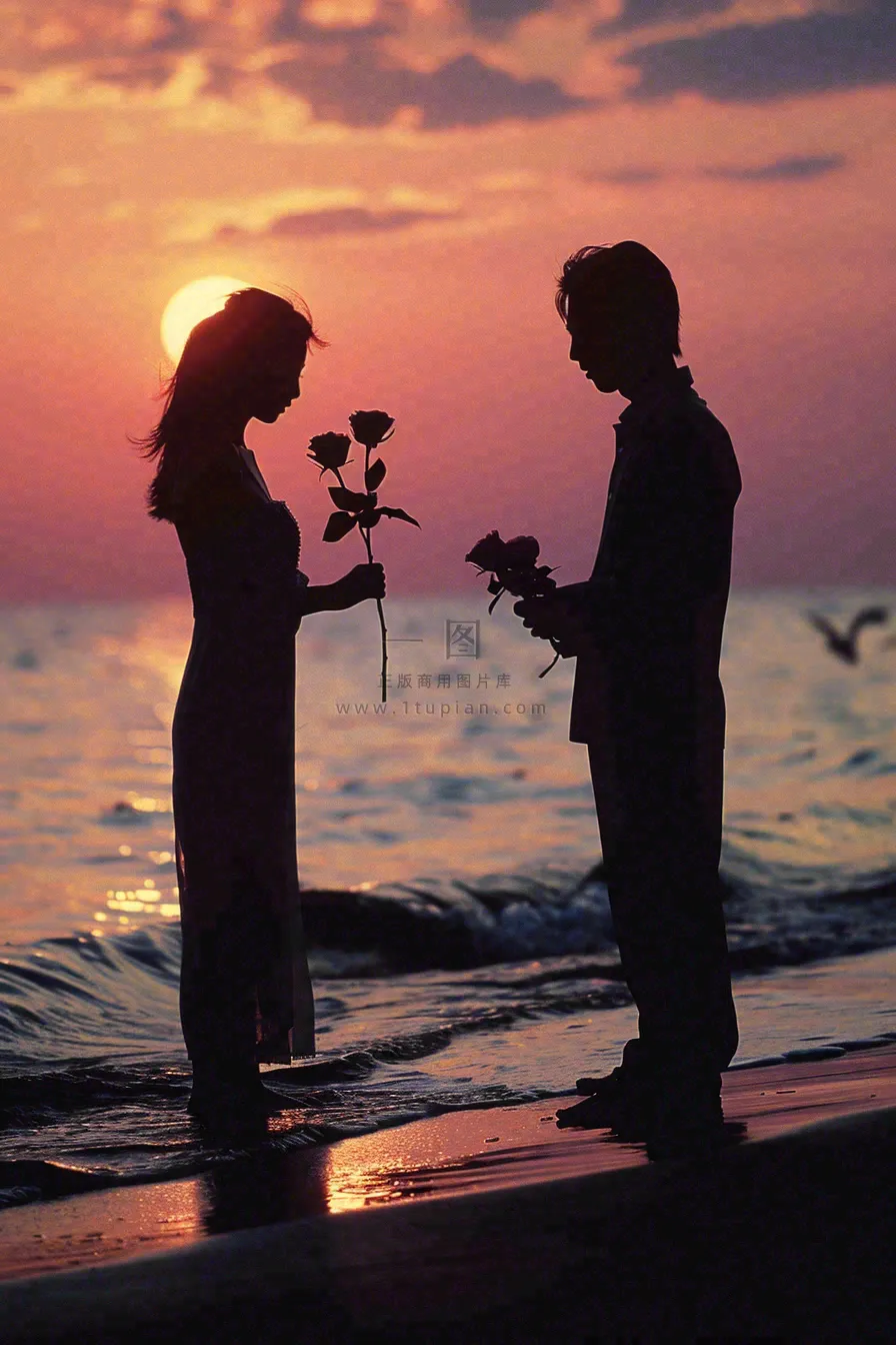浪漫夕阳晚霞海边情侣情人节七夕摄影图
