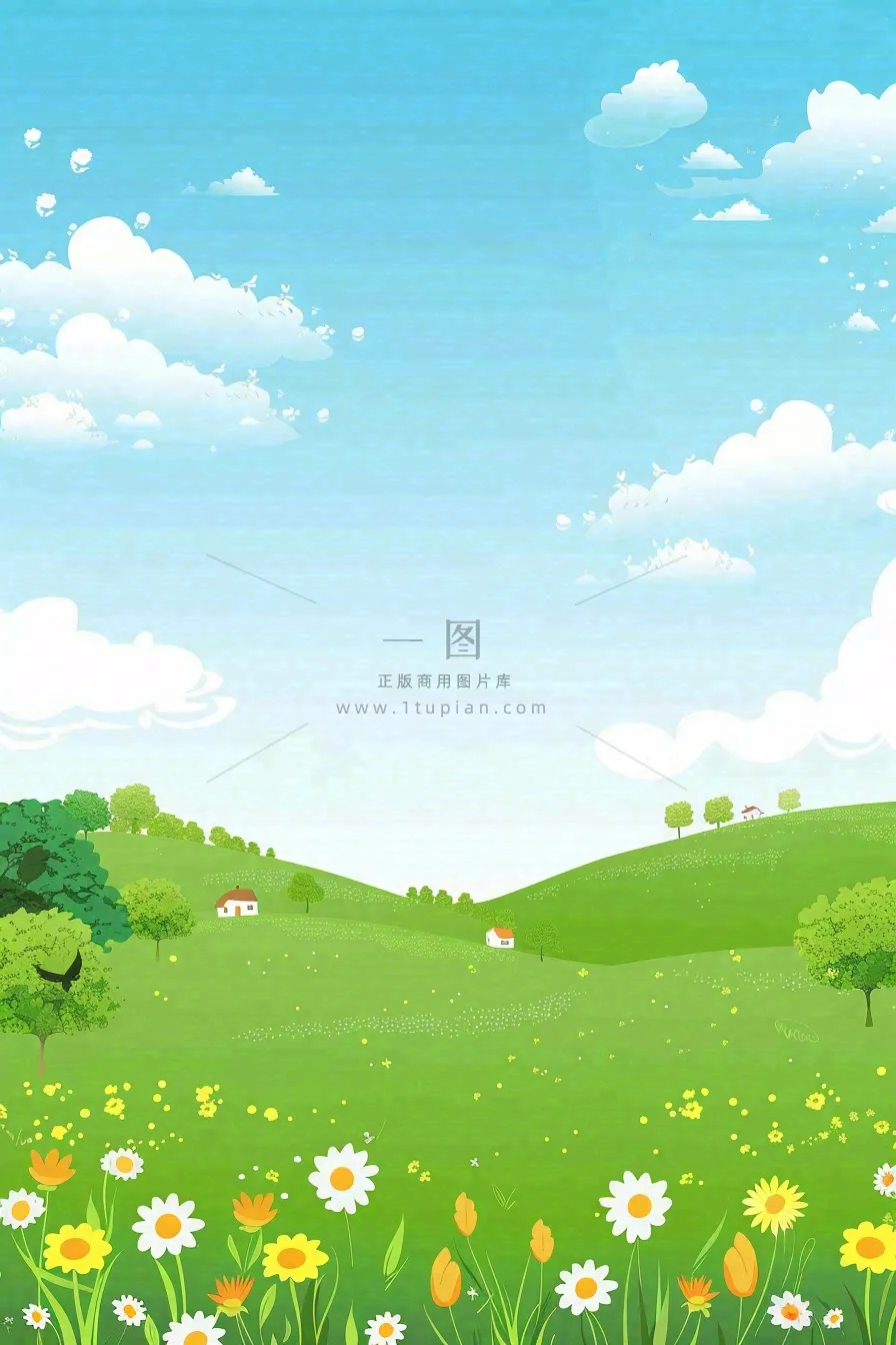 春天绿草地蓝天白云立春春分惊蛰小满卡通插画背景