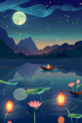 月圆之夜湖面莲花灯祈福星空中秋中元节插画背景