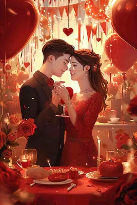 情人节爱心浪漫情侣晚餐生日蛋糕插画手绘