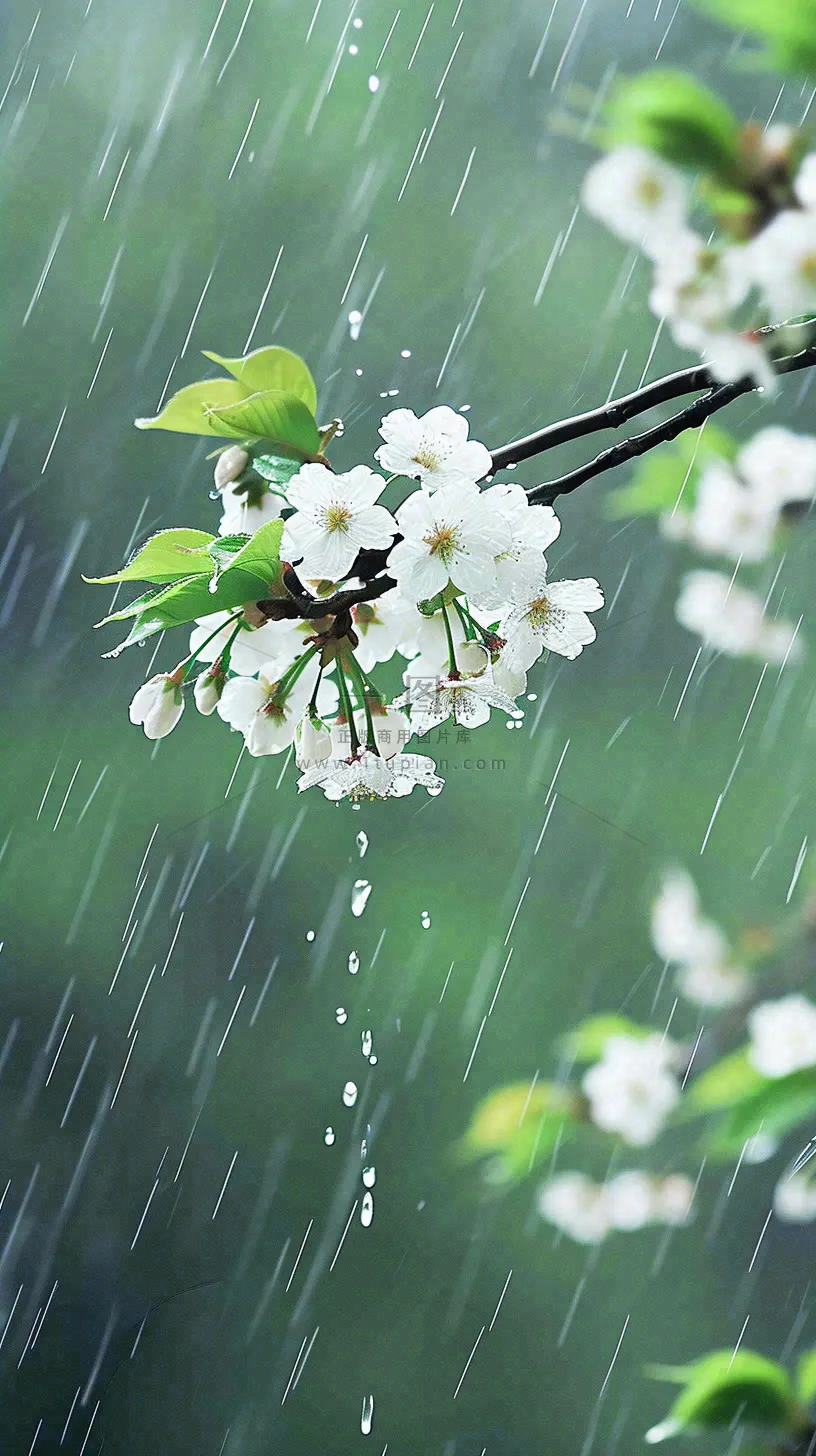春天白色花朵枝叶在雨中，新鲜绿叶鲜花，雨水谷雨摄影图