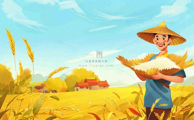 秋天农田里收谷的农民辛勤劳作芒种世界粮食日插画背景 秋天农田里收谷的农民辛勤劳作芒种世界粮食日插画背景