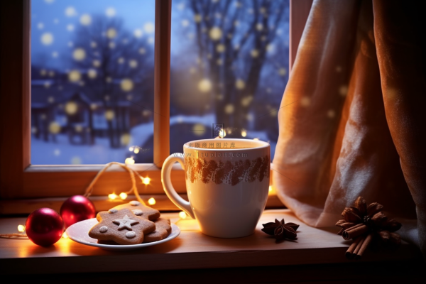 圣诞装饰下午茶饼干咖啡窗边摄影图 圣诞装饰下午茶饼干咖啡窗边摄影图