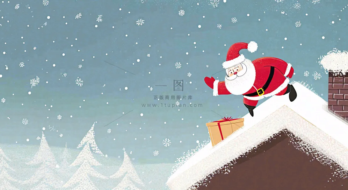 冬天圣诞老人屋顶带礼物,雪花雪屋,圣诞节卡通扁平插画