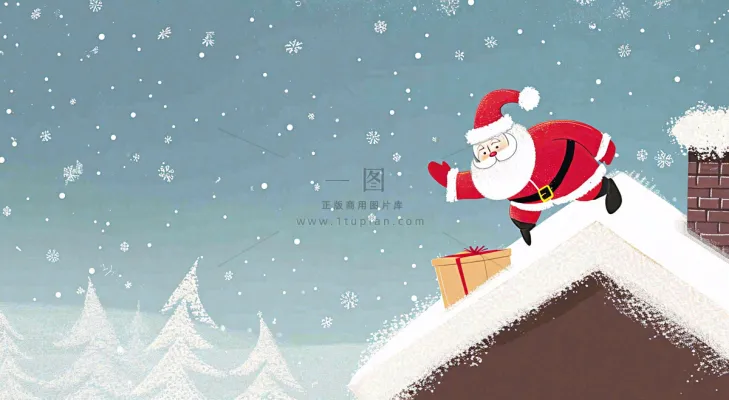 冬天圣诞老人屋顶带礼物,雪花雪屋,圣诞节卡通扁平插画 冬天圣诞老人屋顶带礼物,雪花雪屋,圣诞节卡通扁平插画
