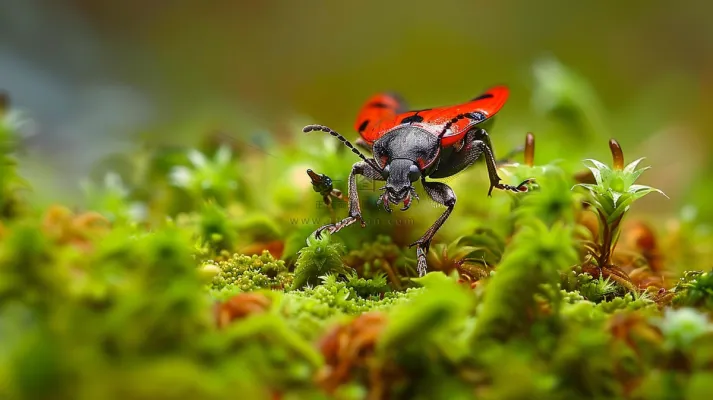 苔藓草地上的昆虫春天摄影图