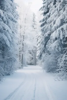 冬季雪山森林雾凇公路道路摄影图