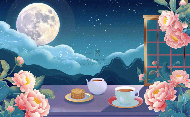 中秋晚宴赏月月饼喝茶牡丹花古风屏风祥云国潮风中国风插画背景 中秋晚宴赏月月饼喝茶牡丹花古风屏风祥云国潮风中国风插画背景