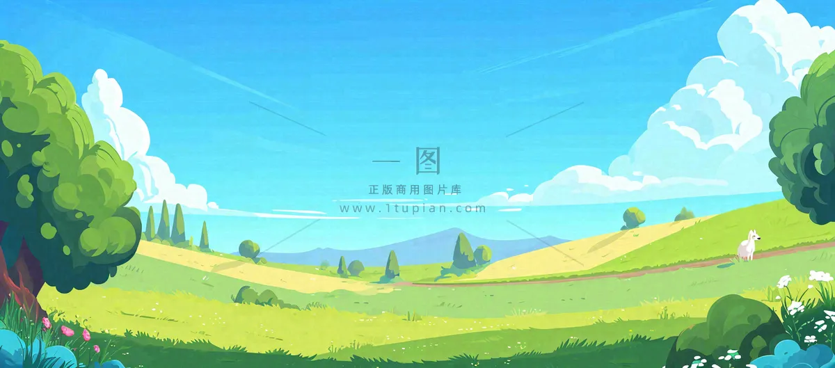 蓝天白云绿植草坪，小草树木清新，春天夏天阳光