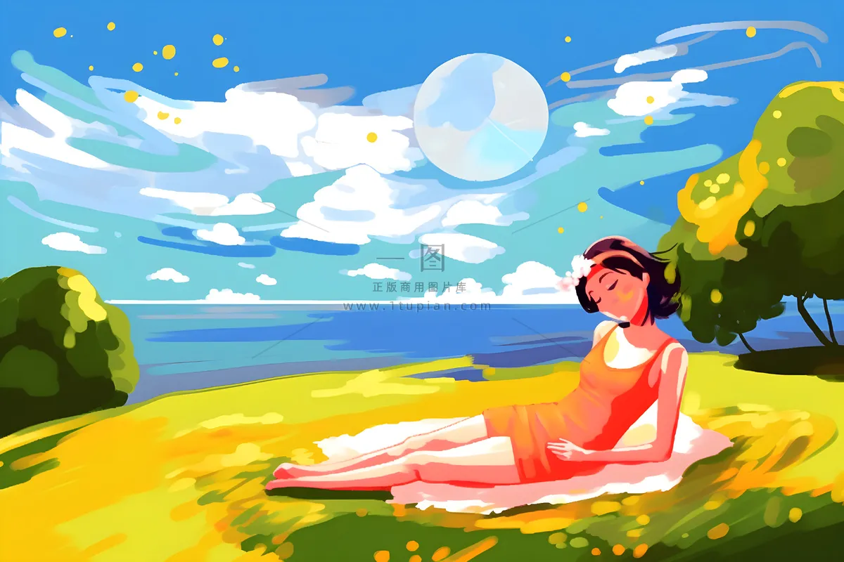 夏日人物水果树荫乘凉插画素材背景