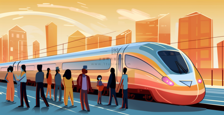 中国传统节日春节除夕春运赶火车回家团聚的人物插画海报背景