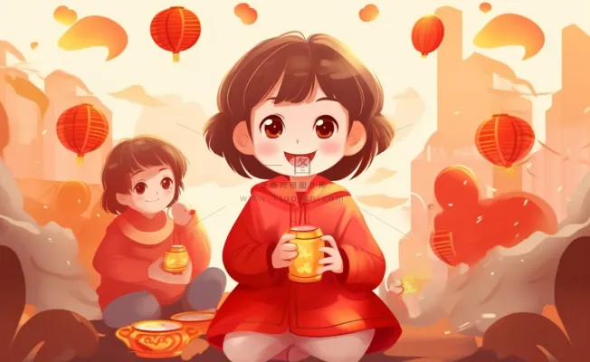 新年张灯结彩孩子们玩乐喜庆红色氛围庆祝卡通插画背景